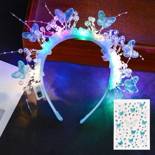 AWSOLAR LED Haarreif Schmetterling mit Schmetterling Gesichtsaufkleber | LED Haarschmuck für Karneval, Ball, Geburtstag, Party, Festival Zubehör