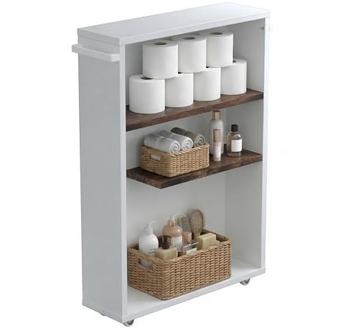 VCM Midischrank, schmaler Badschrank mit offenen Fächern, platzsparendes Nischenregal mit Rollen, 61 x 20 x 45 cm, Nilari