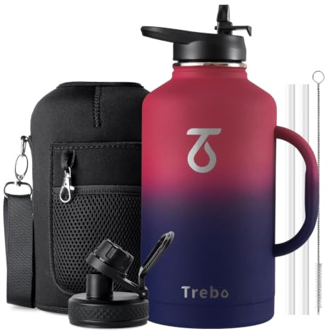 Trebo Insulated Water Bottle 2 L Stainless Steel with Side Handle & Pouch | Large Metal Gallon Jug with Straw Spout Lids, Triple Wall Vacuum, Dishwash safe, Cold 48 Hrs for Gym, BPA-free, Wide Mouth