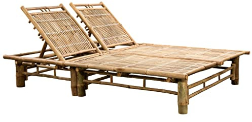QJBSAVVA Chaise Longue 2 Personnes en Bambou, Bain de Soleil Double pour Jardin et Terrasse avec Dossiers Réglables en 3 Positions, Lit de Jardin Double Ajustable, 200 x 130 cm