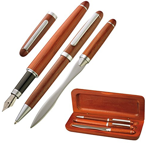 Schreibset & Geschenk - Kugelschreiber, Brieföffner & Schreibfeder / Füller - elegant in Holz & Visitenkartenetui - 4101