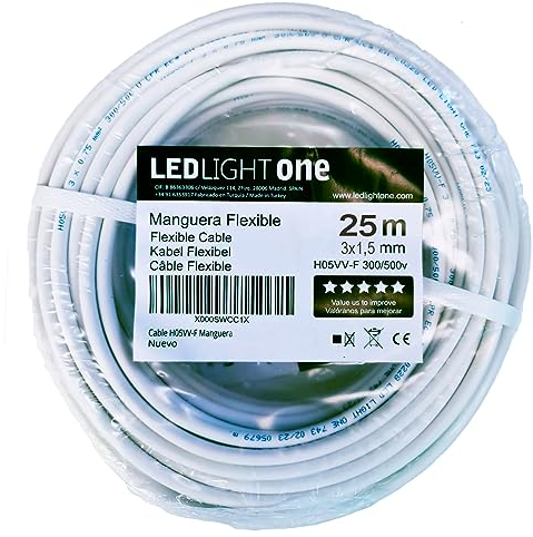 Led Light One Cavo H05VV-F, tubo da 3 x 1,5 mm, 25 m (bianco).Tensione di esercizio: 500v Temperatura massima di esercizio 70º. Cavi per installazioni fisse e mobili in ambienti domestici e uffici.