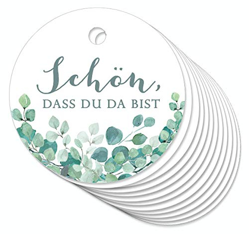 24 Anhänger Schön, dass du da bist mit Eukalyptus in Grün Hängeetiketten Geschenkanhänger Glas Papieranhänger Hangtag Etiketten Gastgeschenke Hochzeit Marmelade Selbstgemachtes 4cm rund matt