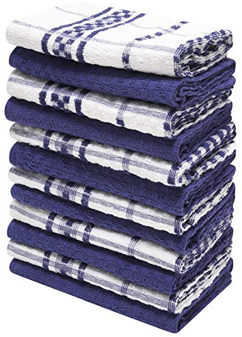K Collection 12 Pack Check Kitchen Towels - 40 x 70 cm, Navy and White - 100% Ring Spun Cotton (285GSM) Super Soft and Absorbent