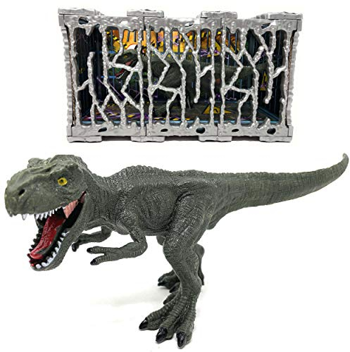 AMLI Trex Indominus Rex Dinosaurier im Käfig - Riesiger Dino mit beweglichem Mund | XXL Jurassic Spielzeug T-Rex Raptor Figur | Toy Spielfigur Beißender Velociraptor (Grün)