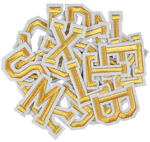 AvoDovA 52 Stück Aufnäher Buchstaben, Gold Buchstaben Patches von A bis Z, Alphabet Applikationen Patches, Buchstaben zum Aufnähen oder Aufbügeln, für Schuhe, Hut, Tasche, Bekleidungszubehör