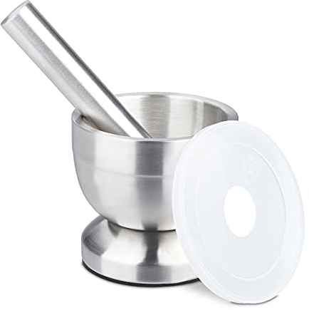relaxdays Mortier Pilon, Acier Inoxydable, avec Couvercle, épices, Herbes, broyeur antidérapant, Ø 10 cm, 200 ML, Gris