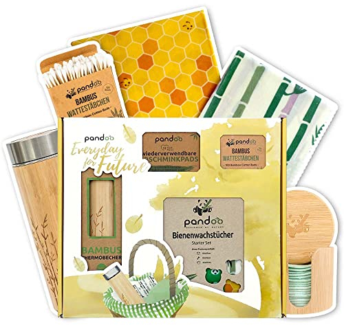 pandoo Alltags-SetEveryday For Future | plastikfreies & nachhaltiges Geschenk-Set | Thermobecher, waschbare Abschminkpads, Wattestäbchen & Bienenwachstücher