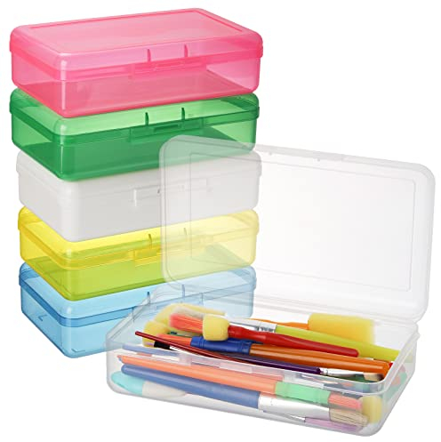 Lyellfe 6 Pack Plastic Pencil Box, Large Capacity Pencil Case with Snap-tight Lid, Stackable Clear Pen Storage Box in Assorted Color, Crayon Storage Box for Kids, Home, School Office Supplies
