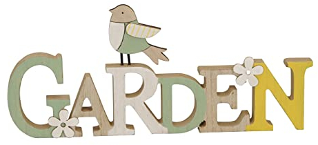 Posiwio dekorativer Schriftzug Garden mit Vogel und Blümchen aus Holz in braun gelb grün weiß, ca. 29 x 2,5 x 13 cm hoch