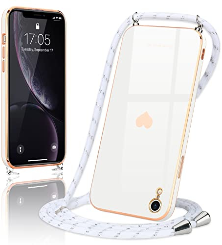 Wirvyuer Handyband Kompatibel mit iPhone Xr Handyhülle Necklace Hülle mit Band zum Umhängen Kameraschutz Liebesherz Schutzhülle mit Halsband Galvanik Silikon Umhängetasche für iPhone Xr Weiß