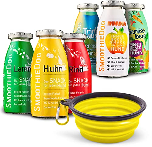 SmoothieDog Hundesmoothie 6er Mix + Reisenapf Gelb - je 1x :Huhn, Rind, Lamm, Ente, Immunio, Veggie - Flüssiges Hundeleckerli - Zucker- & glutenfrei - Napf, faltbar - je 250ml