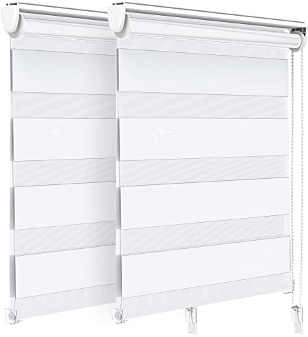 VOUNOT® Set di 2 Tenda a Rullo Doppia Strato Oscurante Giorno e Notte, Catenella Laterale, Bande Trasparenti e Opache, Tenda Interno Zebra Blinds Bianco, 80 x 150 cm