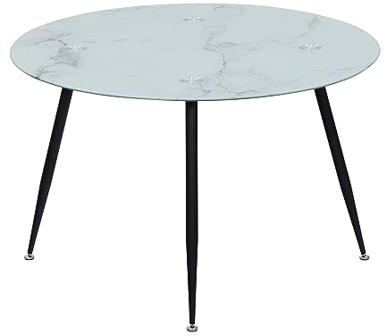 MOG CASA Mesa de Comedor Fija Redonda Corin | 120 x 120 x 75 cm | Ideal para Cocina o Salón | Ideal para 4 a 6 Personas | Tablero con Efecto Mármol Blanco | Patas de Metal en Negro