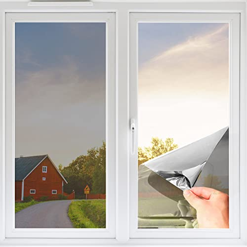 Fensterfolie von innen Durchsichtig von aussen Blickdicht,Sonnenschutzfolie Fenster innen UV-Schutz Reflektierende,Spiegelfolie Selbstklebend für Büros und Wohnungen (Grau Silber, 60 x 200cm)