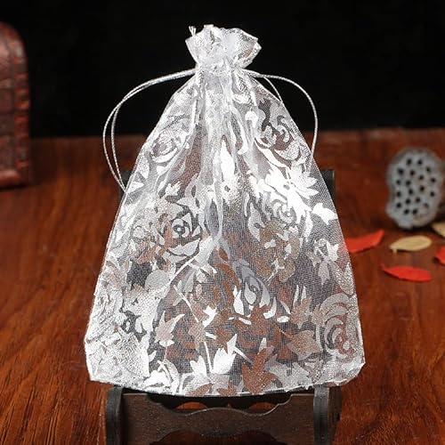 PTNKUIIY 100 Stück Organzasäckchen 15x20cm Organzabeutel Geschenkbeutel mit Kordelzug Hochzeitsbevorzugung Schmuckbeutel zum Befüllen Bonbonsbeutel für Hochzeit Weihnachten Valentinstag Party-Silber