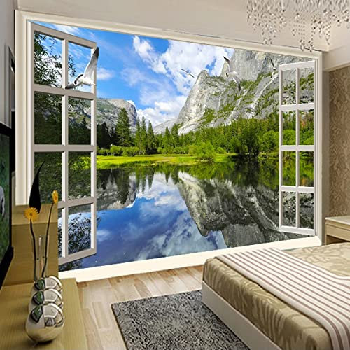 SABORR Decorazione domestica murale 3d soggiorno camera da letto carta da parati finestra neve montagna fiume paesaggio TV sfondo adesivi murali arte murale