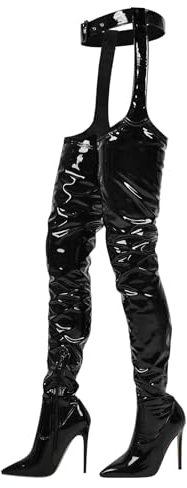 blingqueen Damen Overknee Chaps Stiefel Stiletto Chap Boots Metallic Lack Schwarz 44 EU
