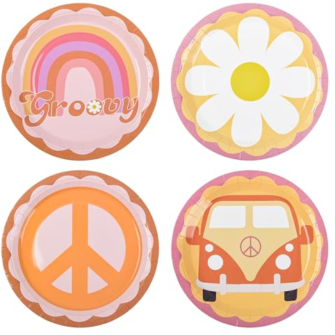 AimFun 48 Stück Groovy Partyteller Retro Hippie Boho Pappteller 60er 70er Jahre Party Dekorationen 22,9 cm Gänseblümchen Blume Frieden Runde Einwegteller für Geburtstag Babyparty Hochzeit