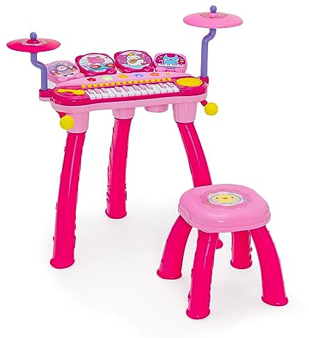 COSTWAY 24-Key Kids Electronic Piano, Toddler Keyboard and Drum Set with Stool, Microphone, LED Lights, MP3, Record & Replay Function, Musical Instrument Toy for Boys Girls (Pink)