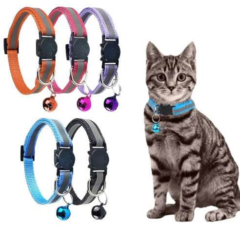 BCZR Collare Gatto 5 Pezzi - Personalizzato, Antistrozzo, Riflettente - Con Campanello - Regolabile
