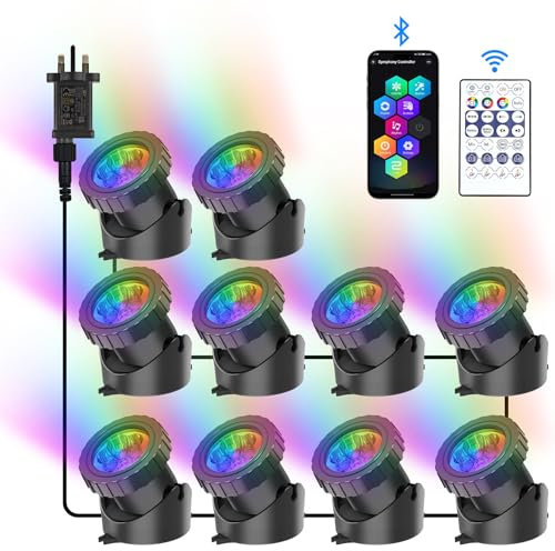 NATPOW Pond Lights, RGB Underwater Spotlights Mains Powered, Aquarium Pond Light with Bluetooth APP Control, IP68 Waterproof Submersible Landscape Spot Lights for Garden, Yard, Pool, Fountain(10-in-1)