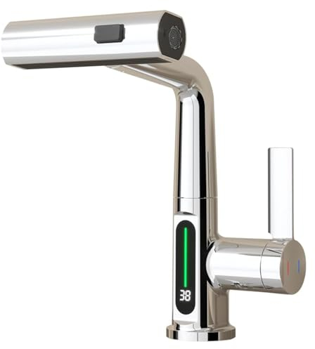 Rubinetto Cucina con Doccetta Estraibile, Miscelatore Cucina con Display Digitale a LED, 3 Modalità Rubinetti Lavello Bagno Monocomando Girevole a 360°, Regolabile in Altezza (Cromo)