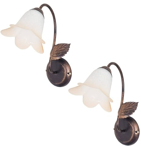 MAKA [X2] Applique da Parete Interno Vintage, Applique Camera da Letto con Portalampada E14 (Lampadina non inclusa), Lampada da Muro in Ferro Battuto in Vetro Artigianale (2x Applique Autunno)