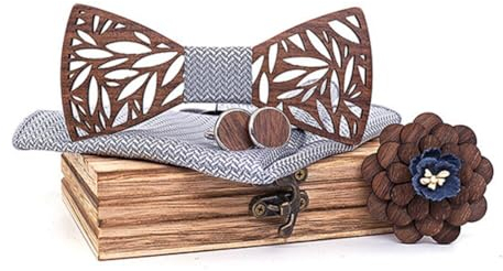 Asudaro Holzfliege Klassische Set, Klassische Handgefertigte Holzfliege für Herren, Einstecktuch Corsage Manschettenknöpfe und Geschenkbox Herren Fliege für Hochzeit Abschlussfeier #3