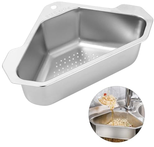 Filtro per Lavello Triangolare In Acciaio Inox, Cestino del Lavello Della Cucina con Ventose, Portaoggetti per Lavandino, Mensola di Scarico per Lavello Senza Foratura, per Lavaggio e Conservazione