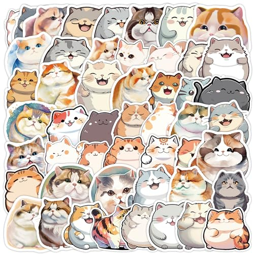 Fancico 50 Stück Süße Dicke Katze Aufkleber für Wasserflaschen, Skateboard, Gepäck, Computer, Scrapbook Aufkleber, Laptop Aufkleber für Kinder und Teenager