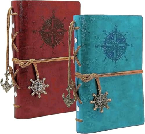 BetterJonny 2 Pack Leder Notizbuch A5, Retro Notizbuch aus Leder Vintage Spiralbindung Tagebuch Nachfüllbares Tagebuch Reisetagebuch Skizzenbuch für Männer und Damen, Blau und Rot