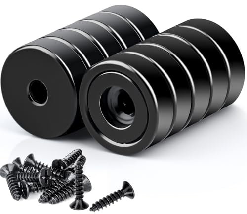 10 imanes de neodimio extrafuertes, color negro, 16 x 5 mm, con agujero y cápsula, 8 kg de fuerza, imanes de cabeza avellanada con tornillos, imanes fuertes para cocinas, nevera, baño, oficinas,