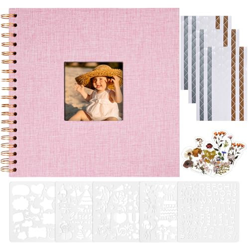 Vienrose Fotoalbum zum Selbstgestalten 20,5 x 20,5 cm, Leinen Fotoalbum mit 40 Weißen Seiten, Leeres Kraftpapier, DIY Scrapbook Spiralalbum Set für Babys, Familien, Hochzeiten, Jahrestag, Rosa