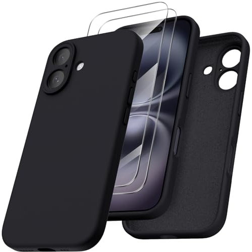ORNARTO Compatible with iPhone 16 Case, Shockproof with Screen Protectors, Waterproof Liquid Silicone Rubber Full Cover Protective Case for 6.1 inch-Black