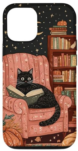 iPhone 15 Black Cat Reading a Book in a Cozy Autumn Setting Case