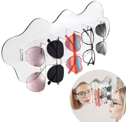 Daily Treasures Sunglasses Organizer with Mirror,Wall Mounted Eyeglasses Storage Organiser,Clear Acrylic Sunglasses Rack,Self-Adhesive Hanging Eyewear Display Holders for Entryway Bedroom-Holds 5pairs