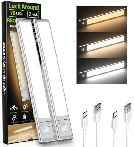 Under Cabinet Lighting, 2 Pack Motion Sensor Light Indoor, 76 LED USB Rechargeable Battery Operated, 3 Levels Dimmable Magnetic Closet Lights, Wireless Under Counter Lights for Kitchen Stairs Hallway