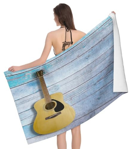 Mikrofaser Strandtuch Gitarre 180x90 cm, 3D Rustikales Holzbrett Badetuch für Erwachsene Weiches Leicht Handtuch Schnelltrocknend Sandfreies Strandhandtuch