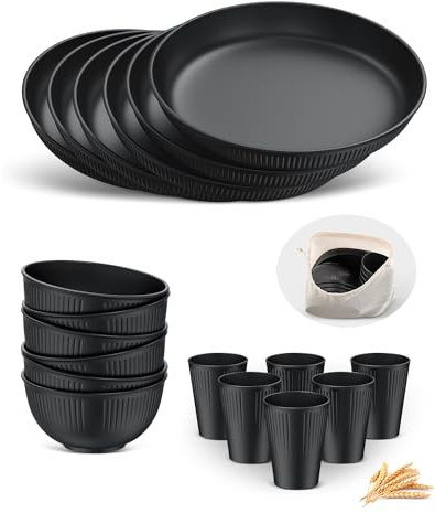 HOMGEN Set di piatti e ciotole in plastica, set da 18 pezzi, infrangibili, con custodia, piatti, ciotole, tazze riutilizzabili, adatte al microonde e alla lavastoviglie, servizio da picnic per 6