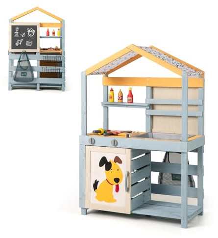 COSTWAY 2-IN-1 Matschküche Kinder Outdoor, Kinderküche Holz mit Tasche & Körben, Tafel & Zubehör, Spielküche mit ausnehmbarem Spülbecken, Outdoorküche für Kinder ab 3 Jahren