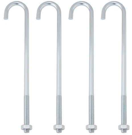 Briny River Pack of 4 M10 Hook Bolts J with Long Shaft Threaded Bolts Industrial Closure for Piping Garden Fences Projects Roof Panels Concrete (250 mm)