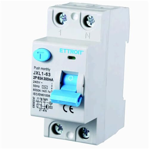 Interruttore differenziale puro, 2P 2 poli, occupa 2 moduli, Tipo AC, 220V 230V AC, 63A C63, 300mA, 6KA 6000A, RCCB, Montaggio su guida DIN