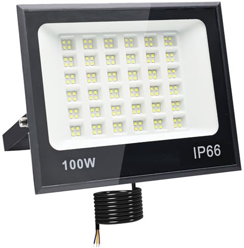 Tkdaksy Focos LED Exterior 100W, 2M Cable Blanco Frío 6500K Proyector LED Exterior, Resistente al Agua IP66 Foco Proyector Led, 10000LM para Terrazas, Patios, Balcones, Parques, Garajes, Fábricas