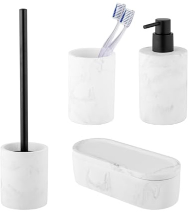 Schöner Wohnen Kollektion Bad-Accessoire Set Mod. Balatro 4-teilig aus Diatomit in Weiß Schwarz inkl. WC-Garnitur Seifenspender Zahnputzbecher Universaldose Maße 40 x 9 cm