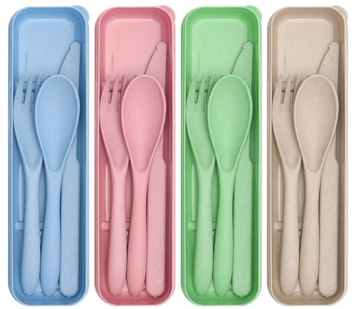 KQDRAVINE 4 Plastik Besteck Set, Mehrweg Reisebesteck mit Etui, Camping Besteck mit Löffel Messer Gabel, Tragbare Utensilien für Lunchbox, Plastikbesteck für Reisen, Picknick, Camping, Schule, Büro