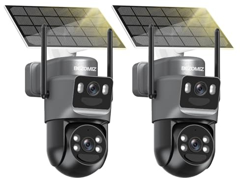BEZOMIZ 4K Caméra Surveillance WiFi Extérieure à Double Objectif,2.4G/5GHz Caméra 2-in-1,Détection Humaine avec Panneau Solaire,Suivi Automatique,Vision Nocturne Couleur,Audio Bidirectionnel,8MP