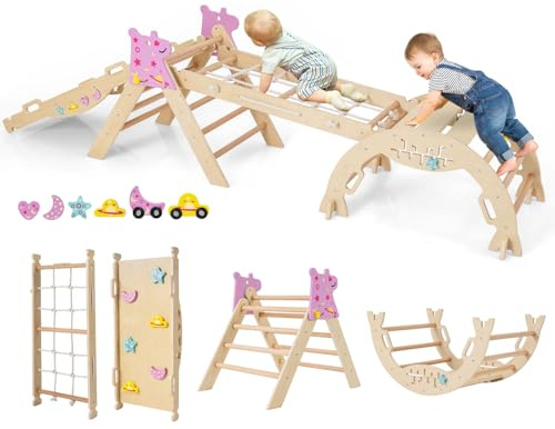 COSTWAY 8 in 1 Set da Arrampicata per Bambini, Giocattoli da Arrampicata Pieghevoli con Triangolo Arco e Rampa, Giochi Montessori per Bambini 1 Anni + (Unicorno 4 pezzi, Naturale)