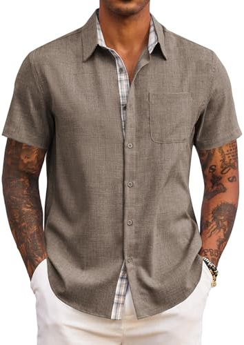 COOFANDY Mens Short Sleeve Summer Shirts Casual Regular Fit Shirts Holiday Beach Shirt with Pockets Brown 3XL