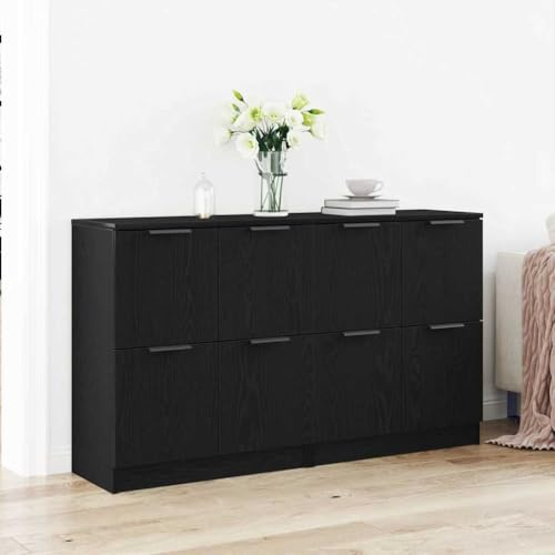 Hoopleep Anrichte Schwarz Eichen-Optik, 180x30x70 cm Holzwerkstoff, mit 8 Türen, modernes Sideboard für Esszimmer, Wohnzimmer